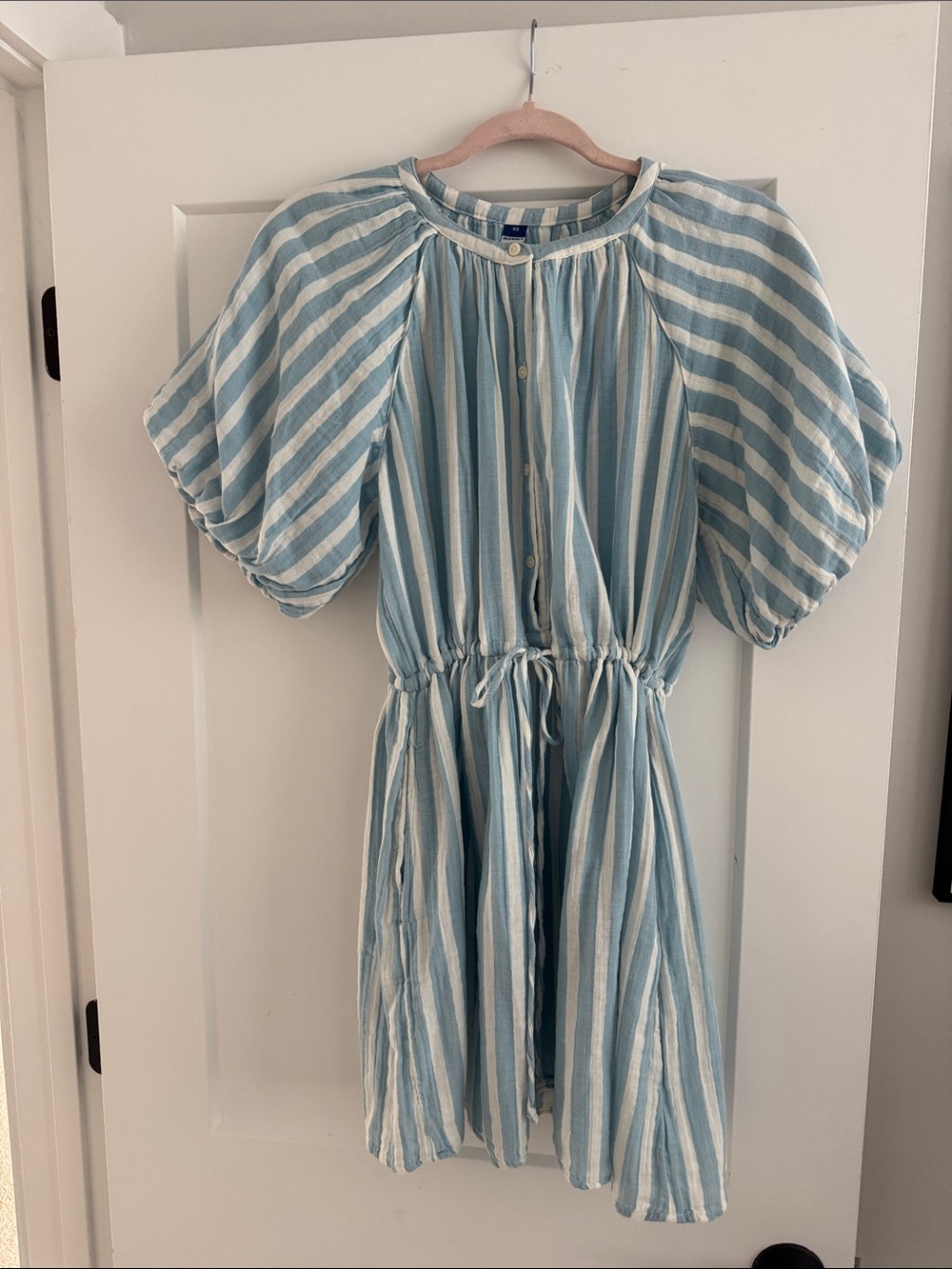 Old Navy Blue and White Waist Defined Puff Sleeve Mini Dress